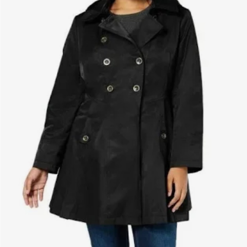 Via Spiga Womens Hooded Skirted Water Resistant Rain Coat XS - Black